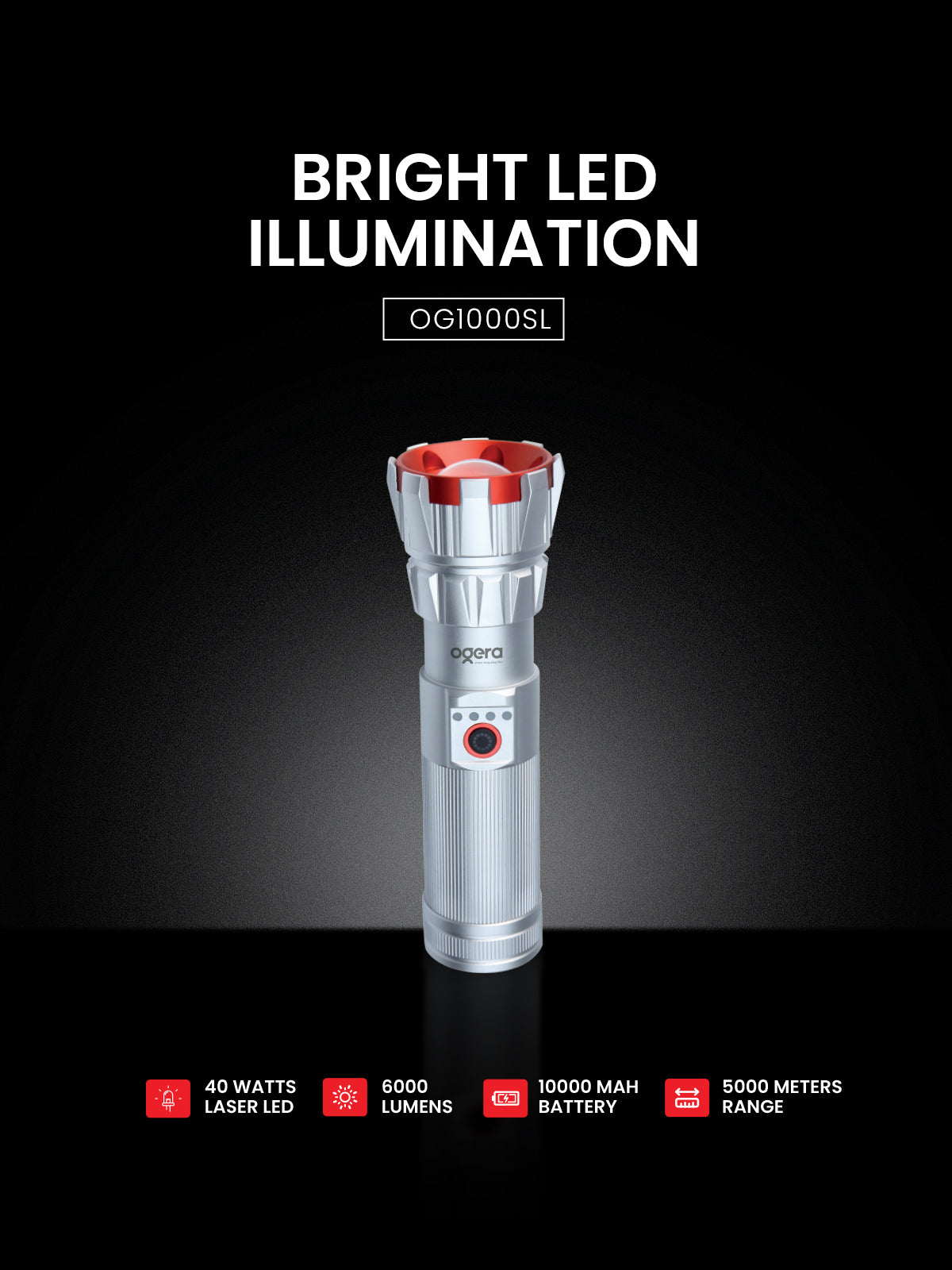 Ogera OG1000SL Rechargeable LED Flashlight, 1D Compact Torch with Bright LED Beam, Long Battery Life, Durable & Portable Handheld Light for Home, Outdoor & Emergency Use