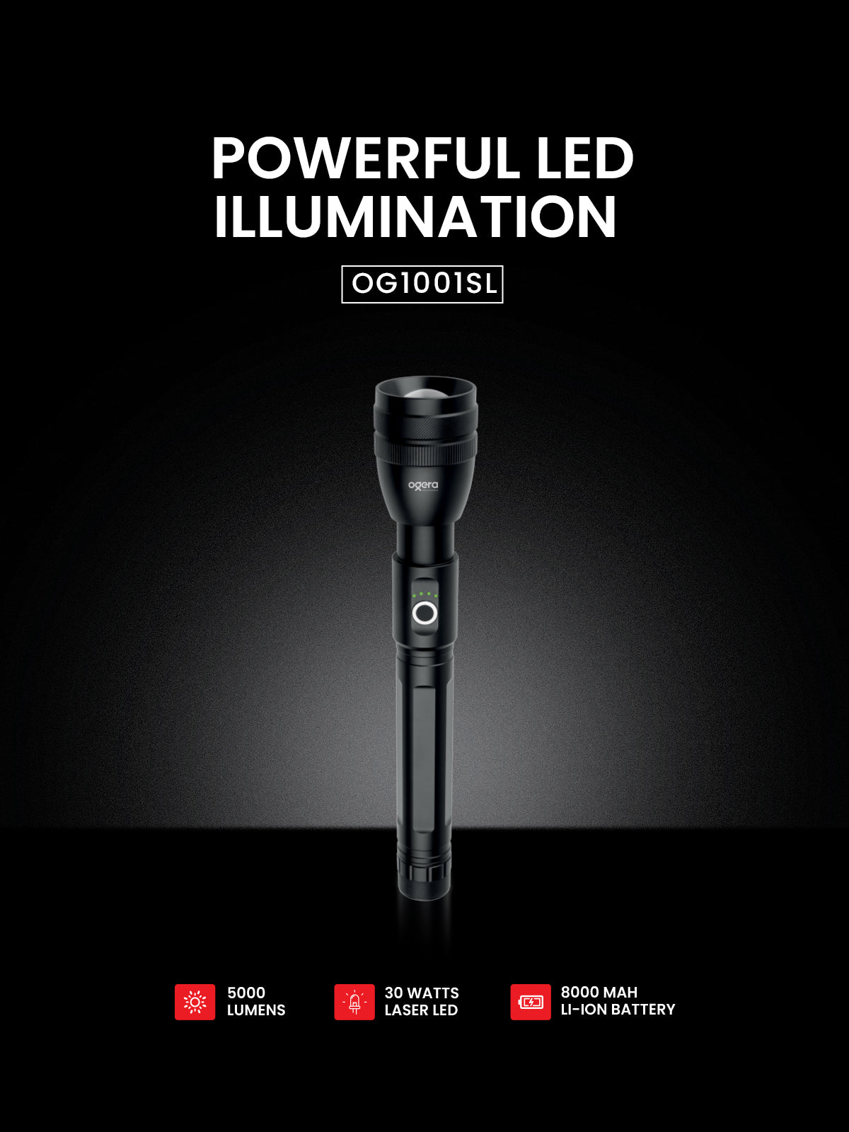 OGERA OG1001SL RECHARGEABLE LED FLASHLIGHT, 2SC Heavy-Duty Torch, High-Brightness Beam with Long Battery Life, Rugged & Portable Handheld Light for Home, Outdoor & Emergency Use