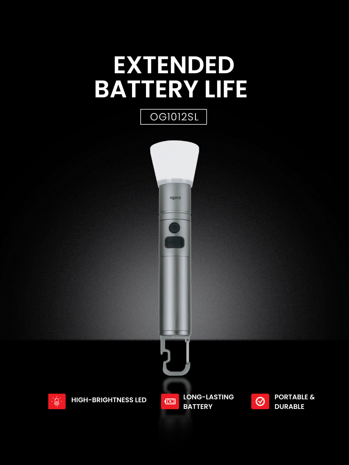 Ogera OG1012SL Rechargeable LED Flashlight, 2SC High-Brightness Torch, Long-Lasting Battery, Heavy-Duty & Portable Handheld Light for Home, Outdoor & Emergency Use