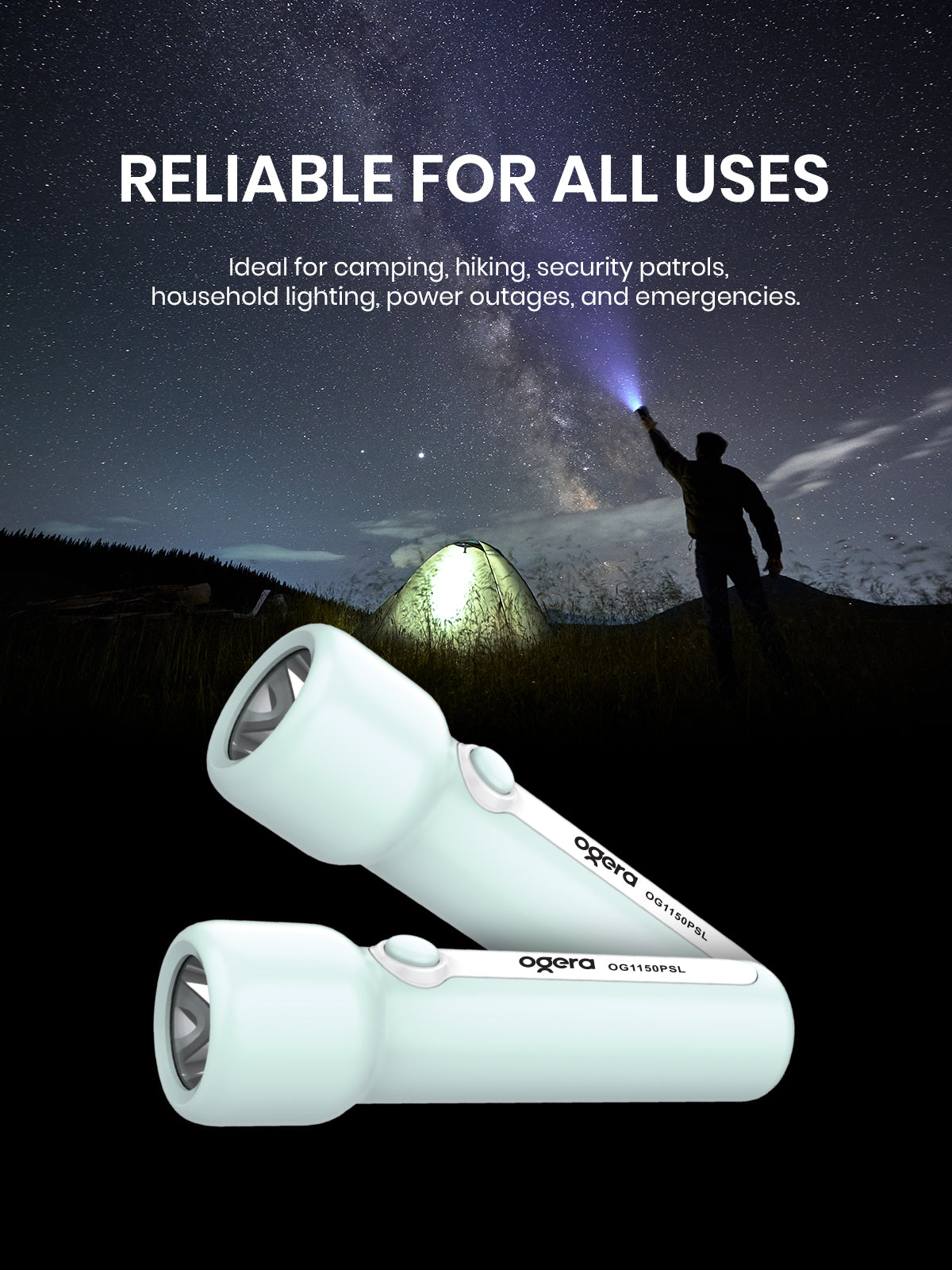 Ogera OG1150PSL Rechargeable LED Flashlight, High-Power Torch with Long Battery Life, Heavy-Duty & Portable Handheld Light for Home, Security, Camping & Emergency Use