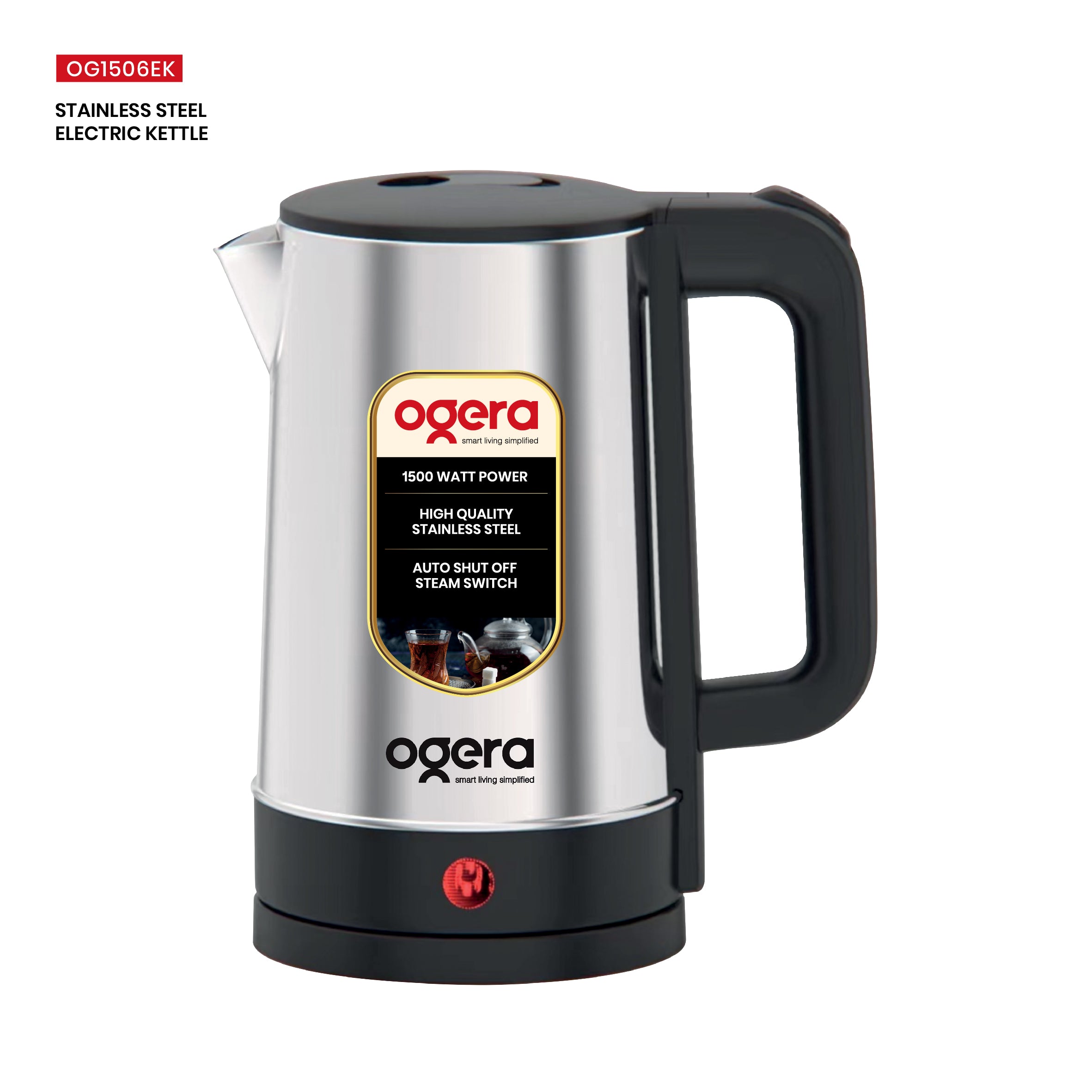 Ogera OG1506EK Stainless Steel Electric Kettle, 1.8L Capacity, 1500W Fast Boil, Auto Shut-Off, Cool-Touch Handle, Durable & Portable Kettle for Home & Office
