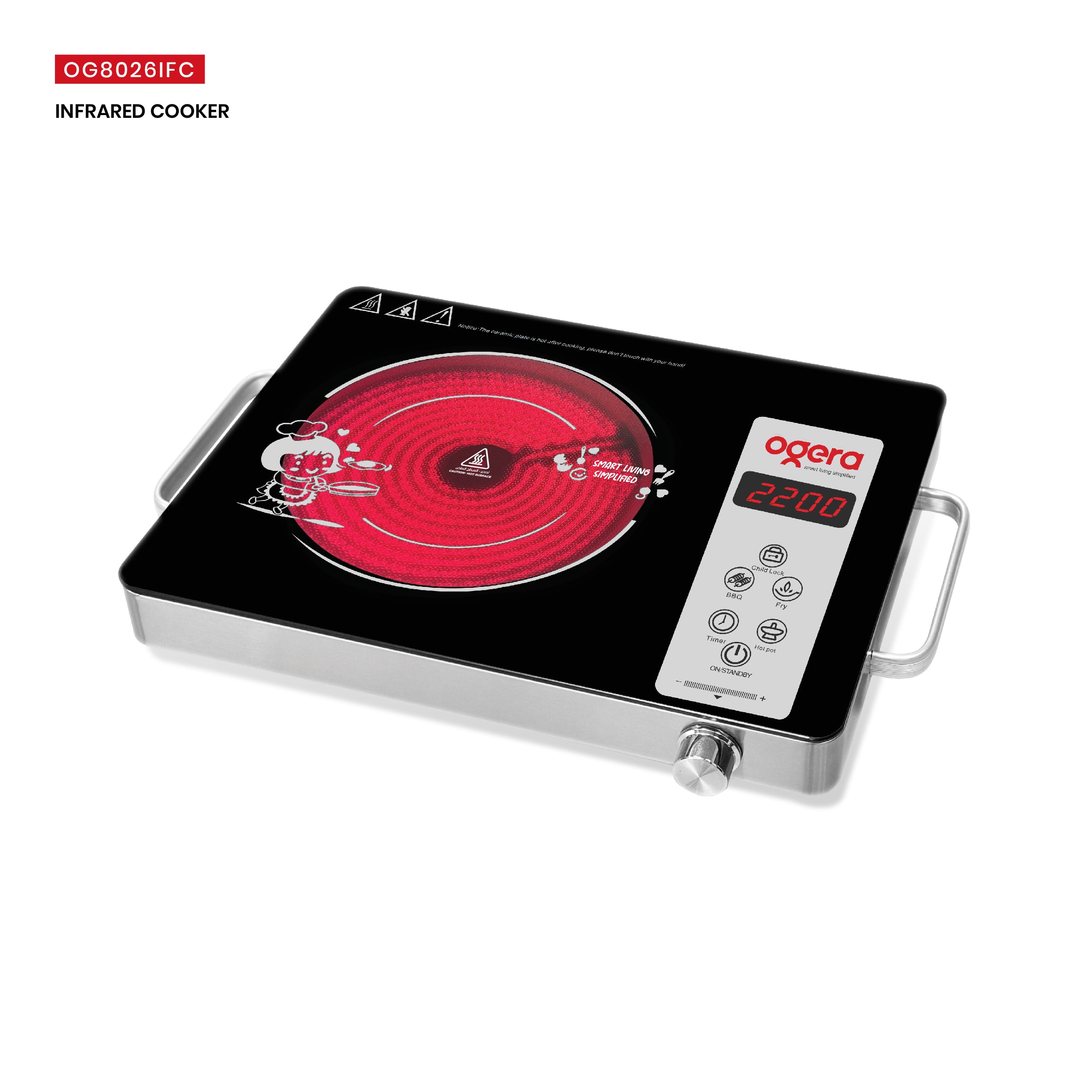 Ogera OG8026IFC Digital Infrared Cooker, 2200W High-Power Infrared Stove with LED Display, Touch Control, Adjustable Temperature & Timer, Multi-Function Cooking Appliance