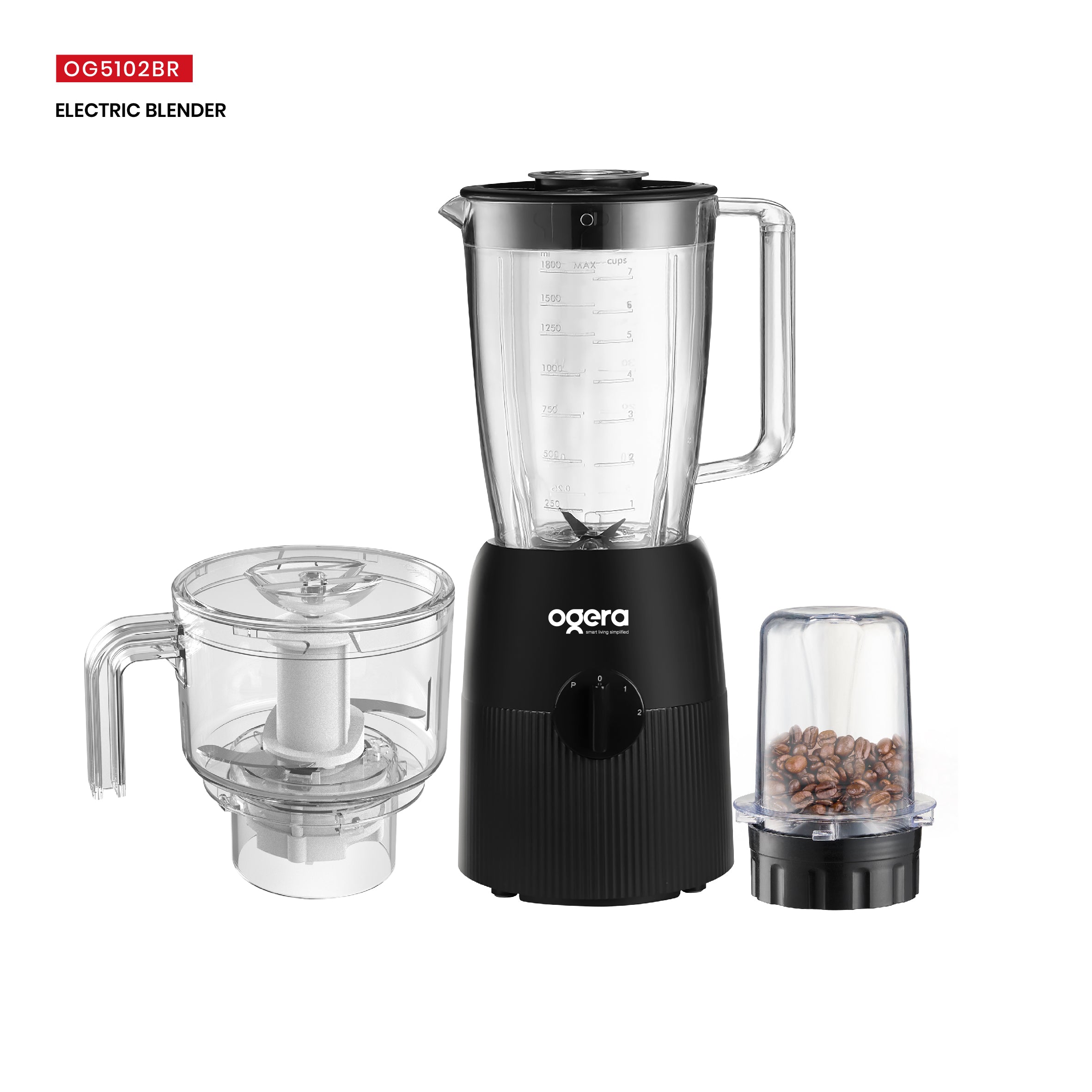 Ogera OG5102BR Electric Blender 3-in-1, 350W Compact Motor, Blender, Grinder & Chopper Functions, Stainless Steel Blades, Multi-Purpose Kitchen Appliance with Overload Protection