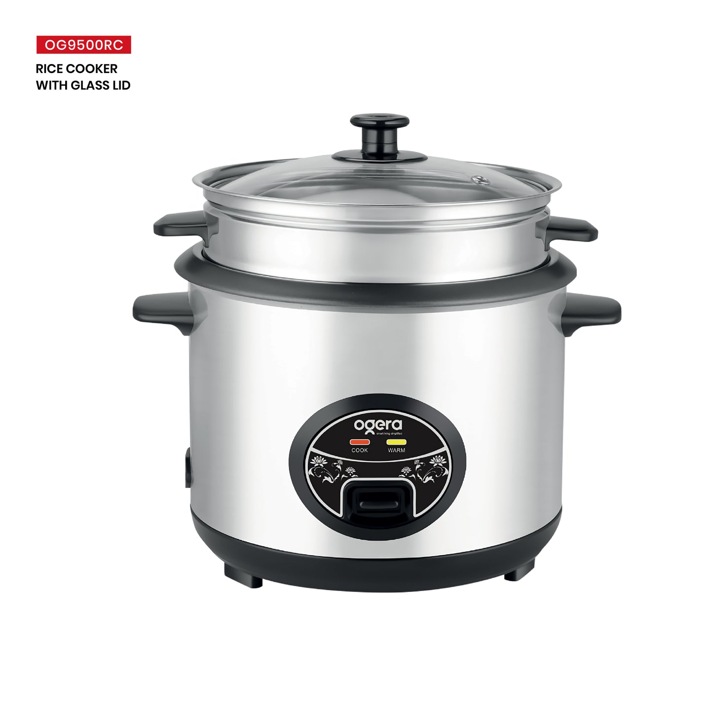 Ogera OG9500RC Rice Cooker with Glass Lid, 1.8L Capacity, Non-Stick Inner Pot, Keep Warm Function, Portable & Durable Rice Cooker for Home & Office