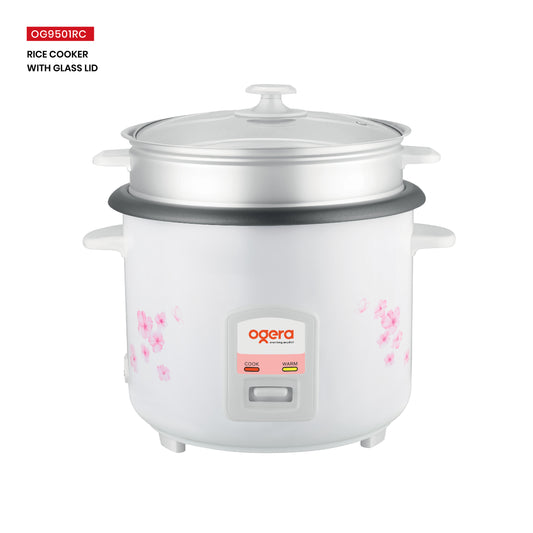 Ogera OG9501RC Rice Cooker with Glass Lid, 2.2L Large Capacity, Non-Stick Inner Pot, Keep Warm Function, Portable & Durable Multi-Purpose Cooker for Home & Office
