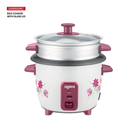 Ogera OG9502RC Rice Cooker with Glass Lid, 1.0L Compact Capacity, Non-Stick Inner Pot, Keep Warm Function, Portable & Durable Rice Cooker for Small Families, Office & Travel